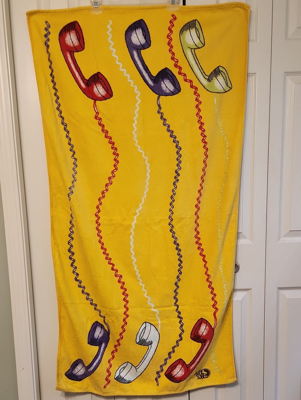 June Sobel Vintage Yellow Retro Telephone Land Line Print Bath Beach Towel